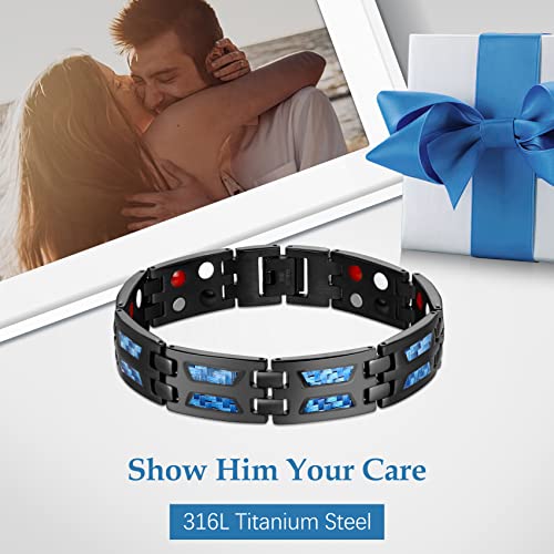 Unique Blue Carbon Fiber Titanium Steel Magnetic Bracelet for Men.