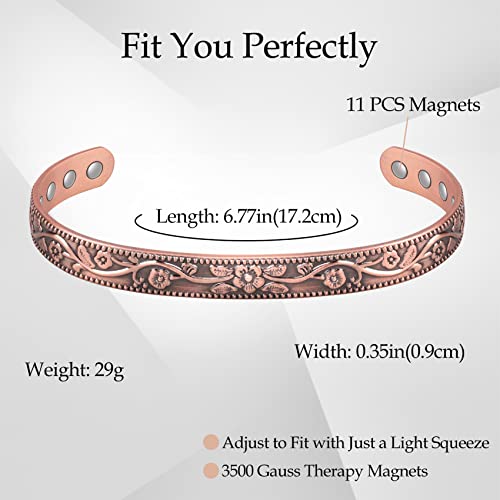 Vintage Flower Copper Cuff for Women with 11 Magnets.