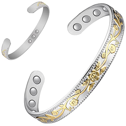 Vintage Flower Copper Cuff for Women with 11 Magnets.