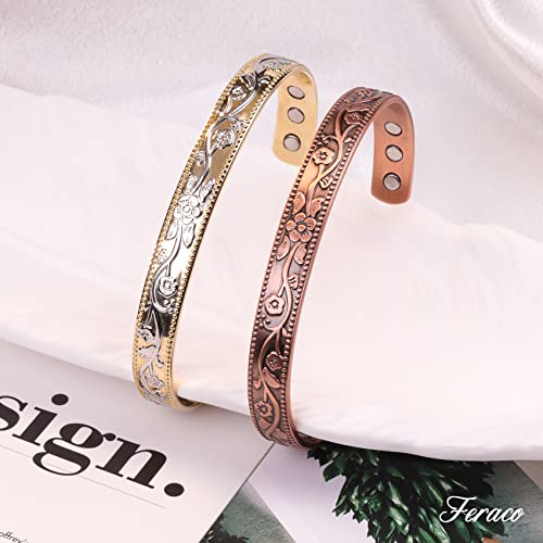 Vintage Flower Copper Cuff for Women with 11 Magnets.