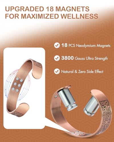 Feraco Pure Copper Bracelet for Men, 18X Enhanced Strength Magnetic Therapy Bracelets with 3800 Gauss Neodymium Magnets