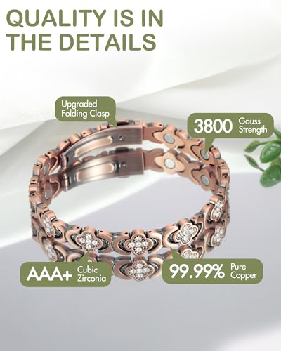 Feraco Pure Copper Bracelets for Women, 3800 Gauss Neodymium Magnet & Sparkling Zirconia
