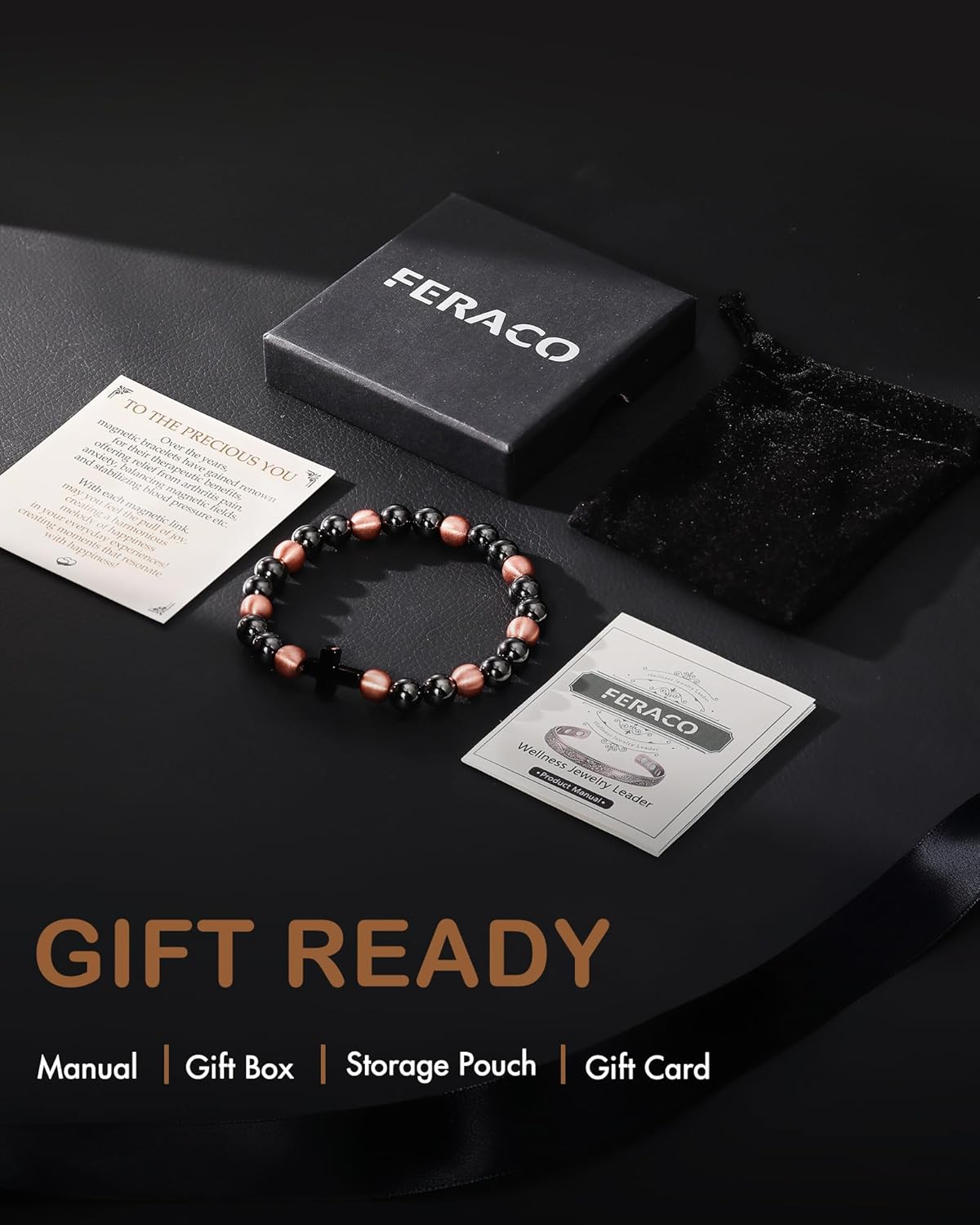 Feraco Pure Copper Magnetic Bead Bracelet for Men Women, 8mm 99.99% Solid Copper & 3500 Gauss Magnetic Hematite Beads, Unisex Stretch Wristband, Gift-Ready Jewelry