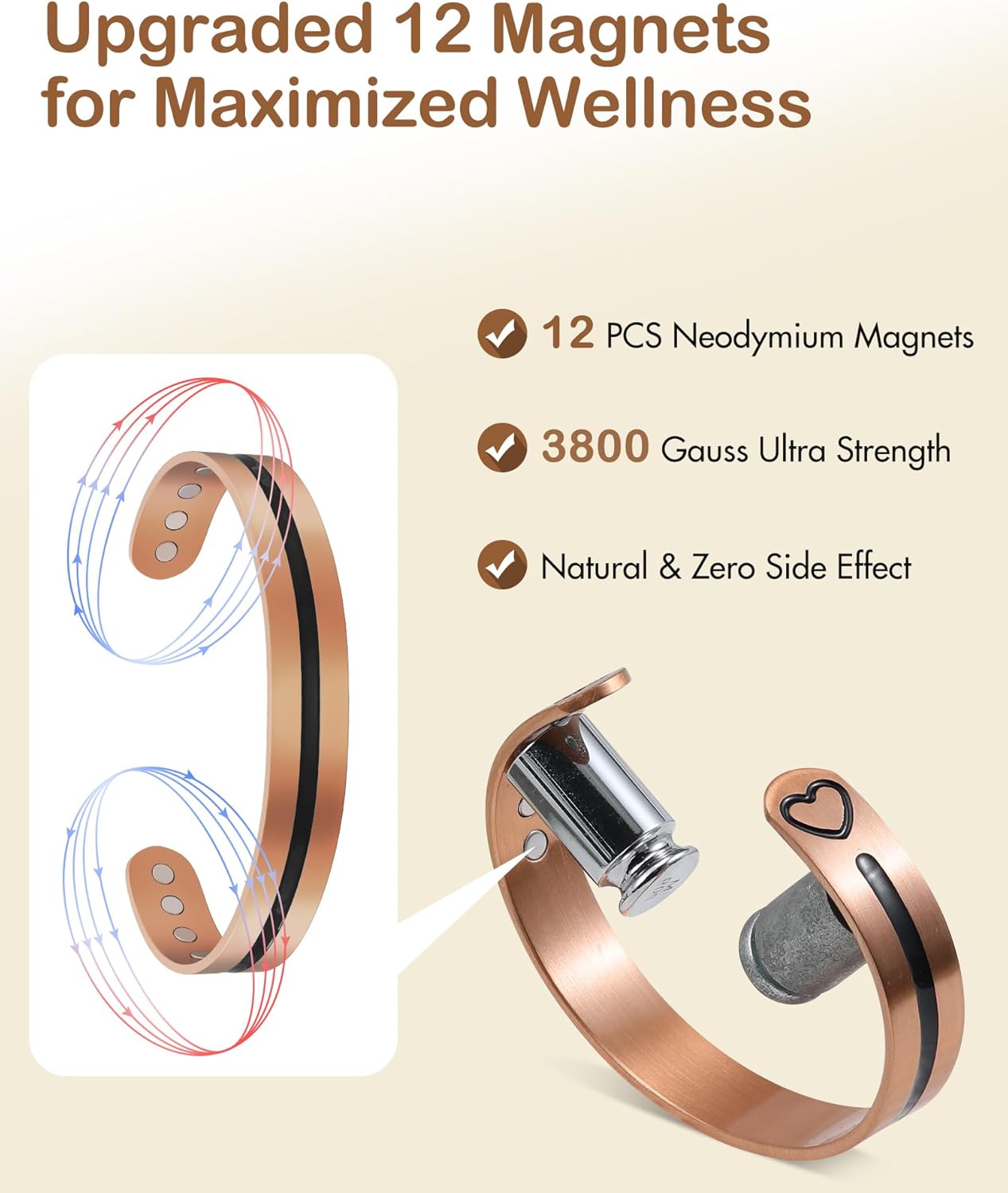 Feraco Copper Bracelet for Men Women, 12X Enhanced Strength Magnetic Bracelet with 3800 Gauss Neodymium Magnets, Pure Copper Cuff Bangle, Adjustable Jewelry Gift (Black Pulse)