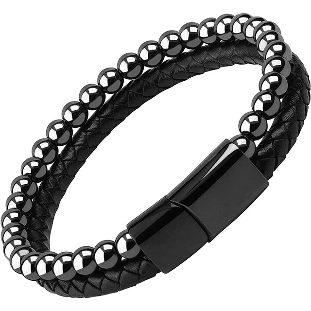 Double Layer Braided Leather Hematite Beaded Bracelets Magnetic Bracelet