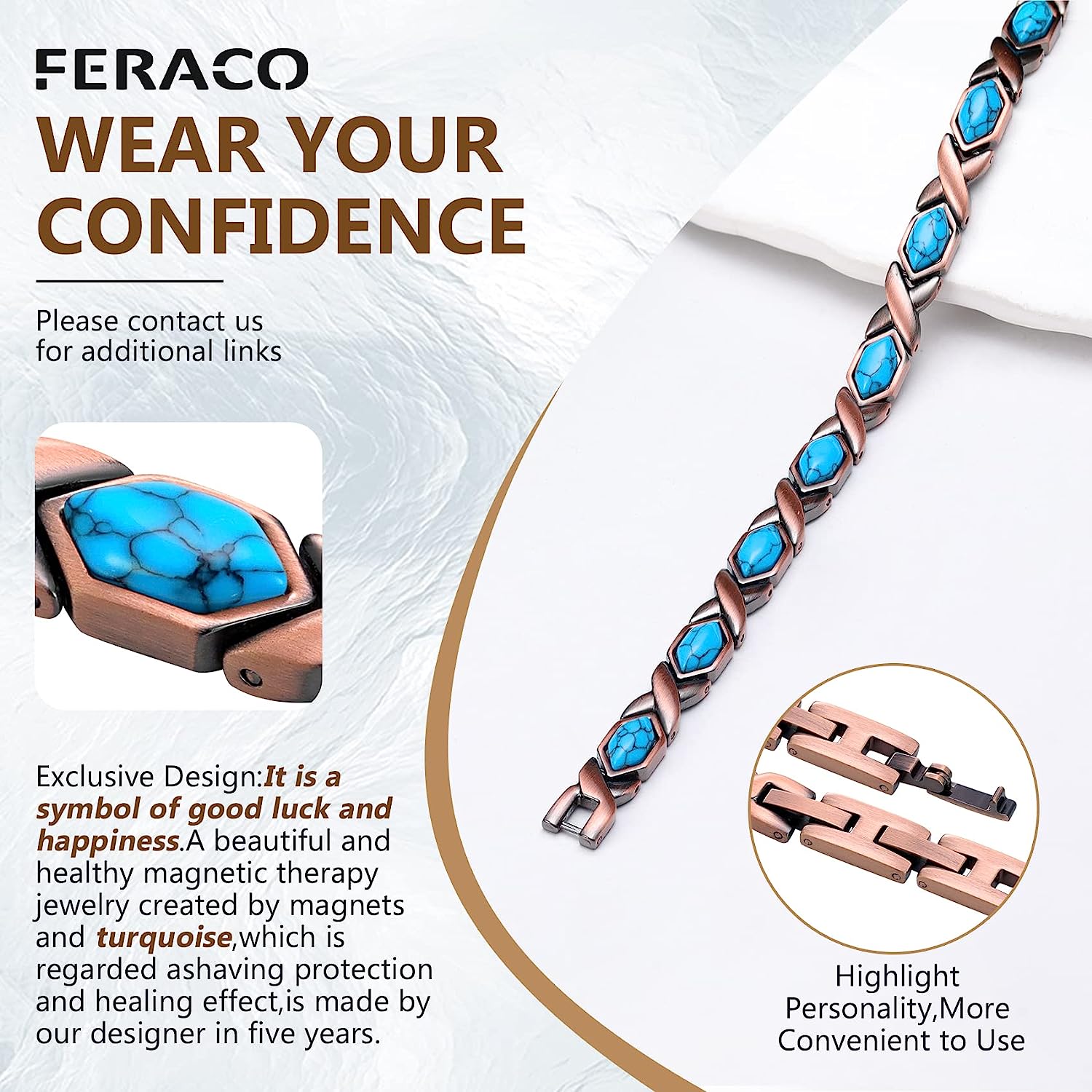 Blue Natural Turquoise Pure Copper Magnetic Therapy Bracelets