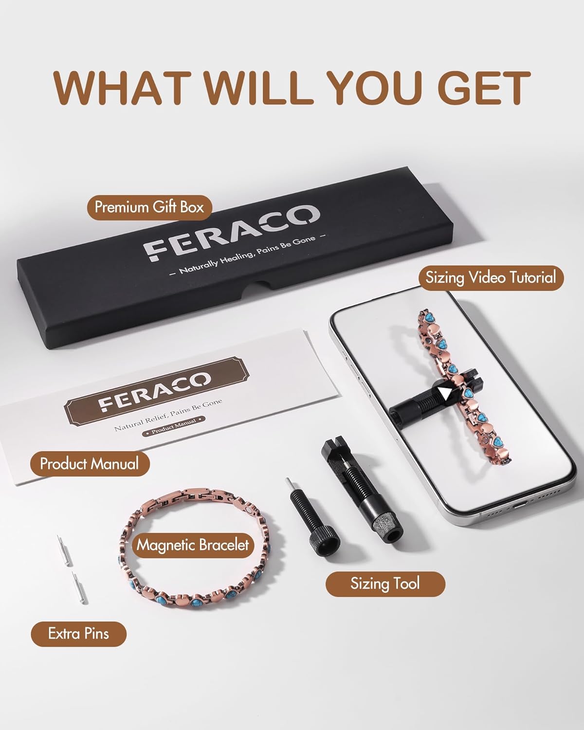 Feraco Pure Copper Bracelets for Women, Ultra Strength Magnetic Bracelet with 3800 Gauss Magnets & Natural Turquoise & Stones, Adjustable, Jewelry Gift
