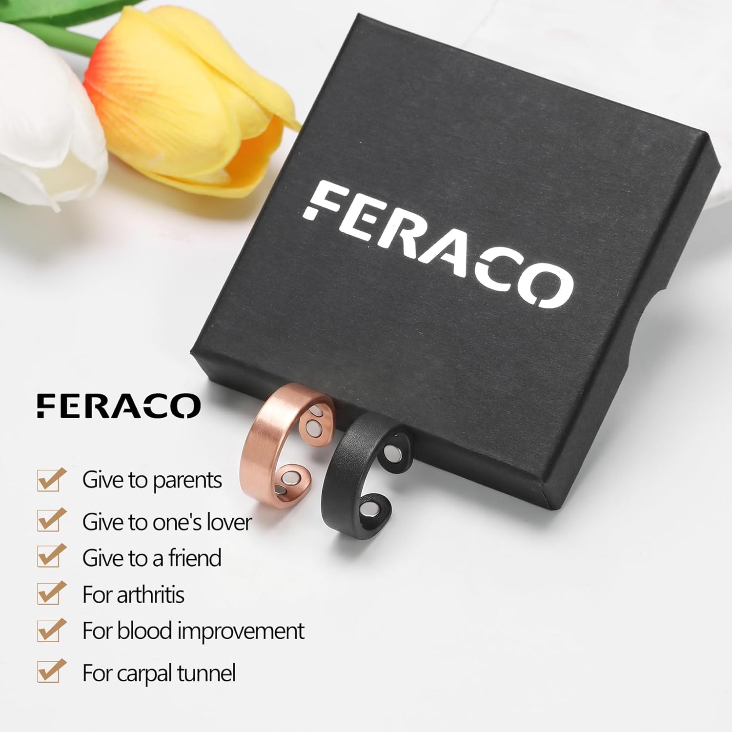 Feraco 2 PCS Copper Rings for Women, Magnetic Therapy Ring with 9X Ultra Strength Magnets,Jewelry Valentine's Day Gifts