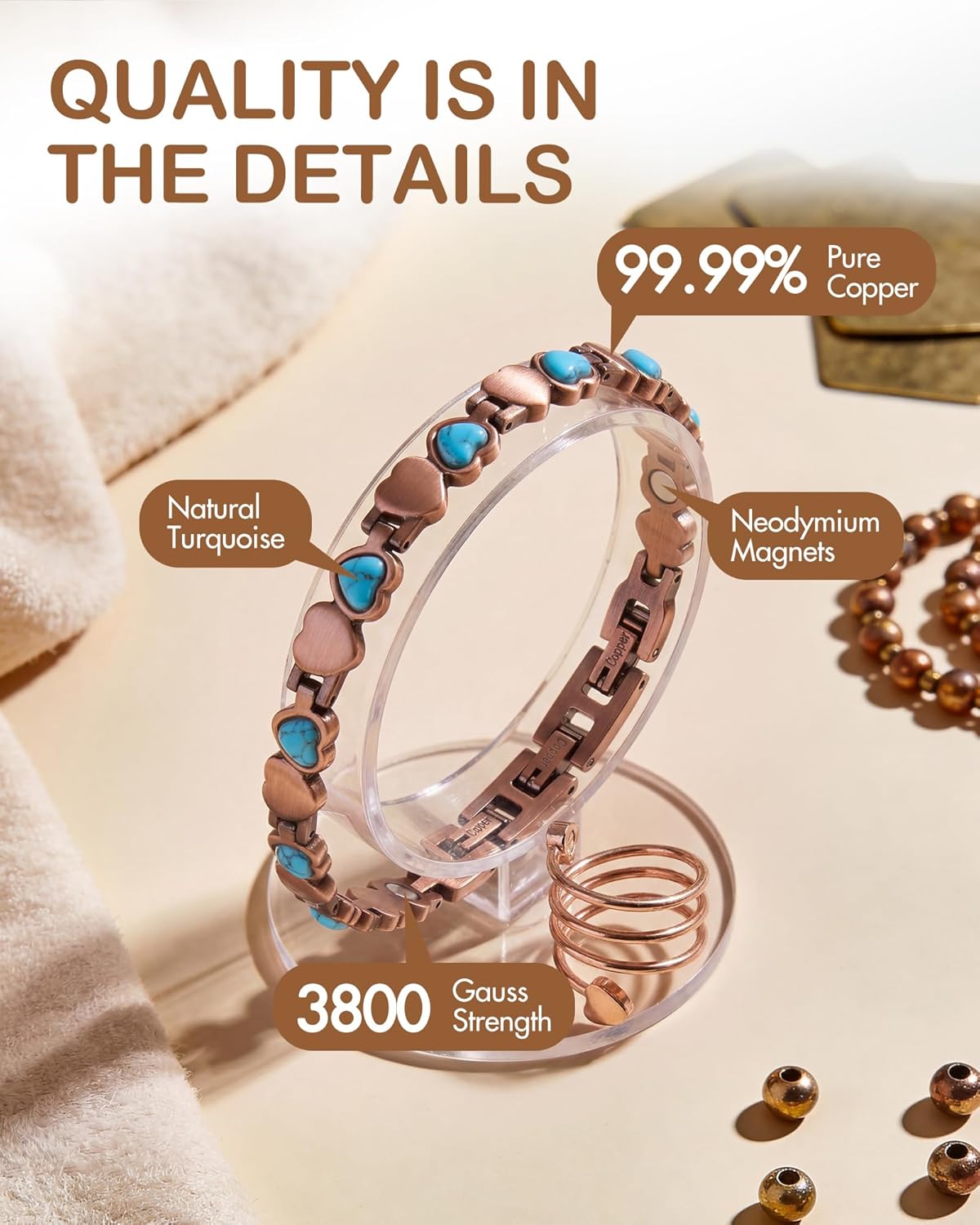 Feraco Pure Copper Bracelets & Rings for Women, Ultra Strength Magnetic Bracelet with 3800 Gauss Magnets & Natural Turquoise & Stones, Adjustable, Jewelry Gift
