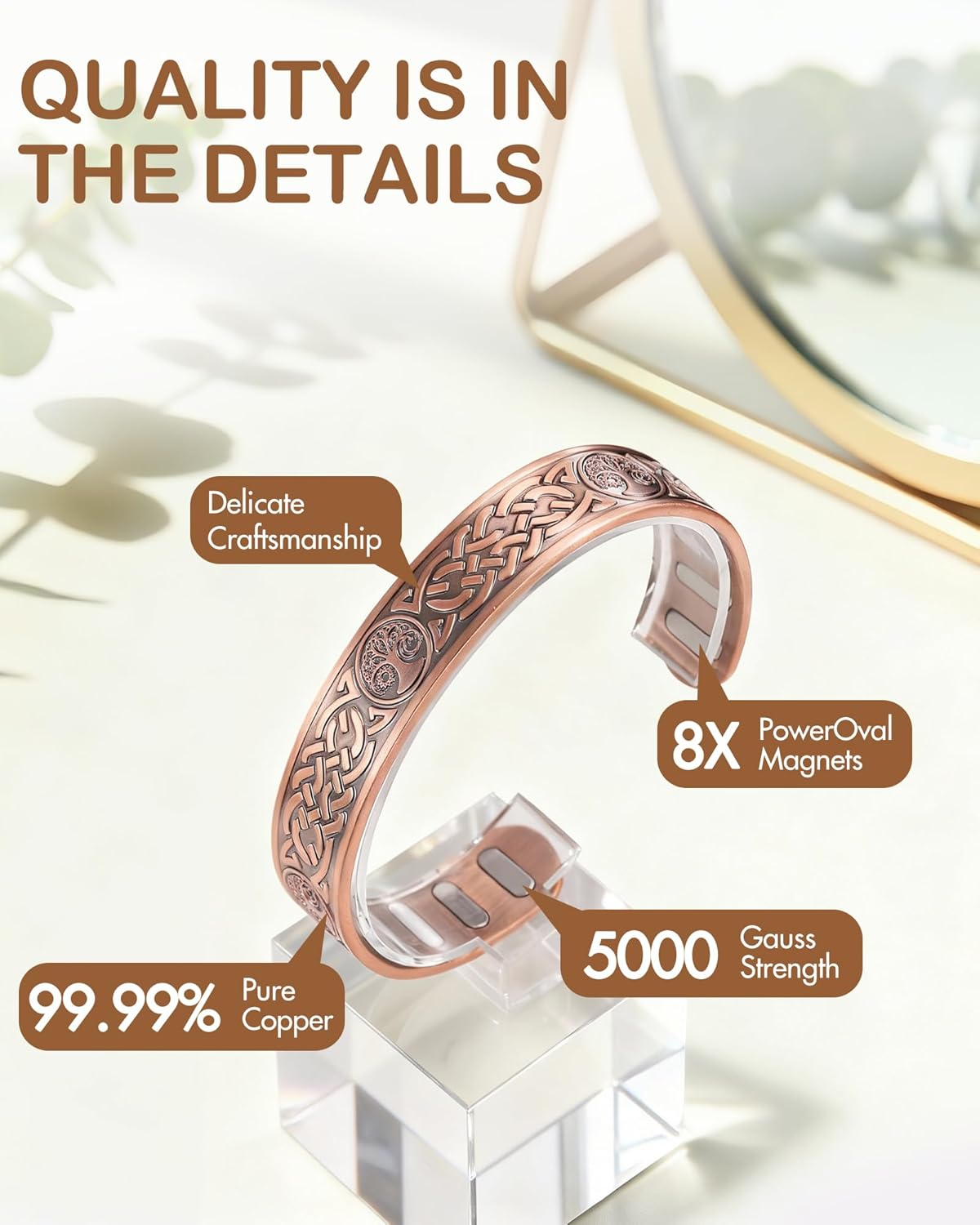 Feraco Copper Bracelet for Men, 5X Ultra Strength Magnetic Cuff Bangle with 5000 Gauss Neodymium Magnets, 99.99% Pure Copper Jewelry Gift, Adjustable