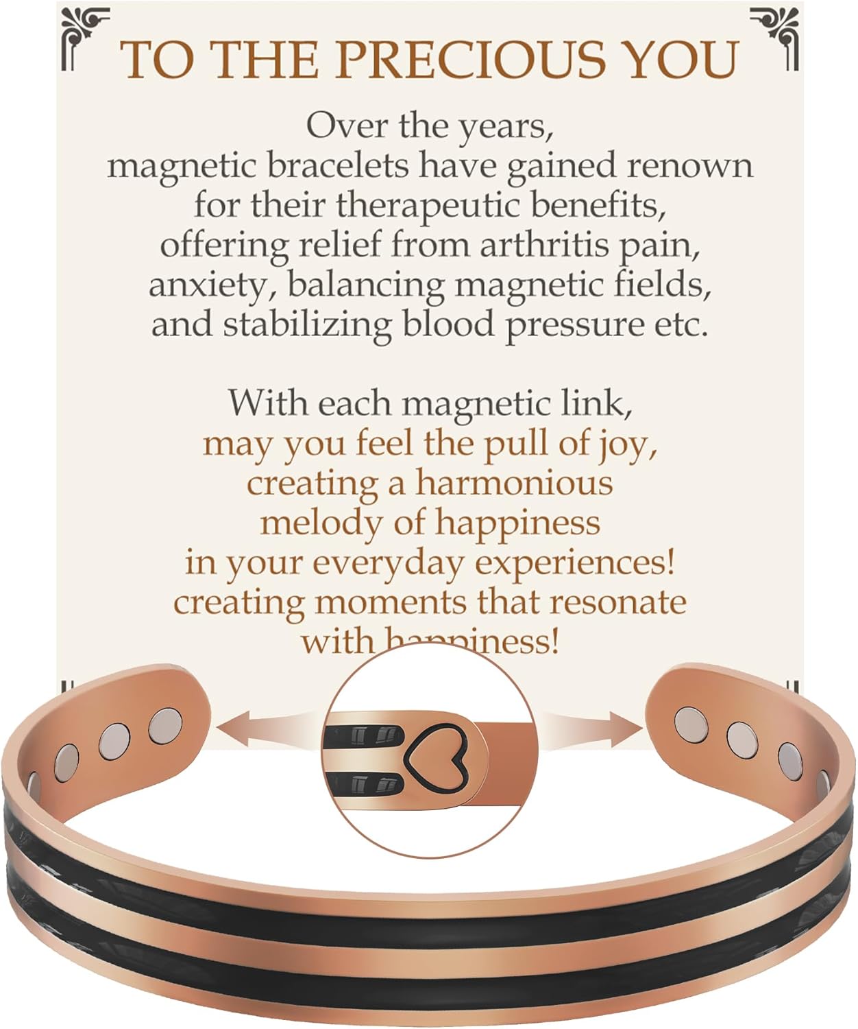 Feraco Copper Bracelet for Men Women, 12X Enhanced Strength Magnetic Bracelet with 3800 Gauss Neodymium Magnets, Pure Copper Cuff Bangle, Adjustable Jewelry Gift (Black Heartflow)