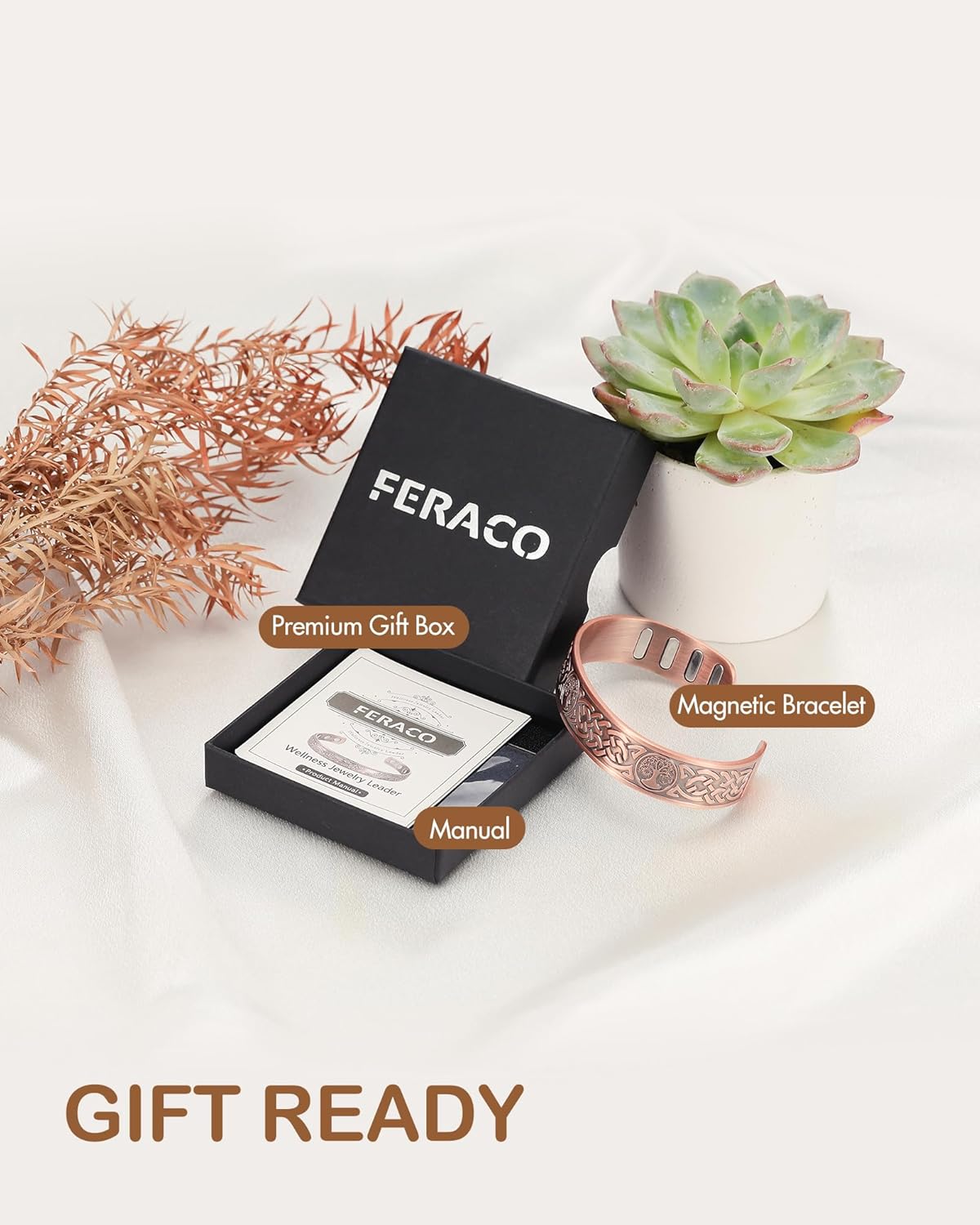 Feraco Copper Bracelet for Men, 5X Ultra Strength Magnetic Cuff Bangle with 5000 Gauss Neodymium Magnets, 99.99% Pure Copper Jewelry Gift, Adjustable