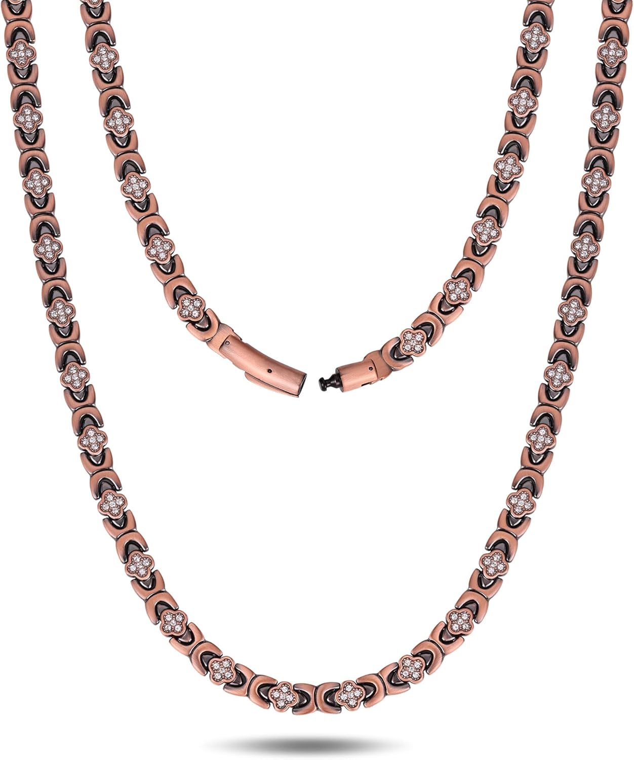 Feraco Copper Necklace for Women, 99.99% Pure Copper Magnetic Chains with 3500 Gauss Ultra Strength Neodymium Magnets & Sparkling Cubic Zirconia, Adjustable CloverJewelry Gift