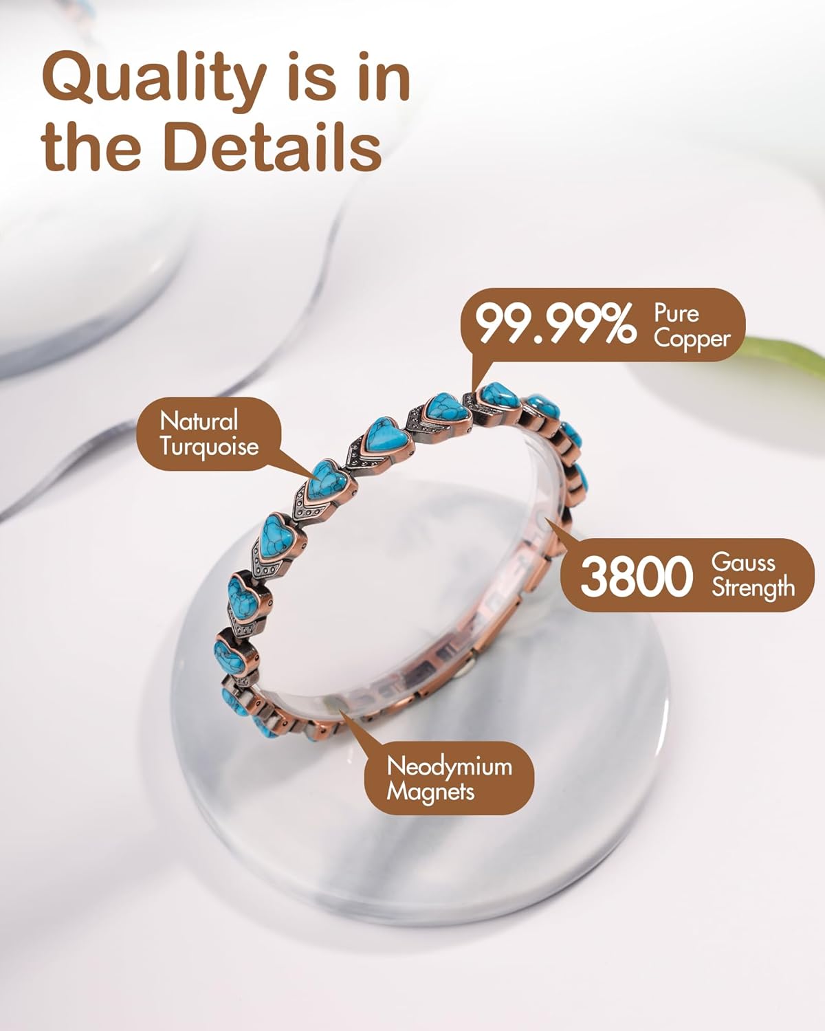 Feraco Pure Copper Bracelets for Women, Ultra Strength Magnetic Bracelet with 3800 Gauss Magnets & Natural Turquoise & Stones, Adjustable, Jewelry Gift