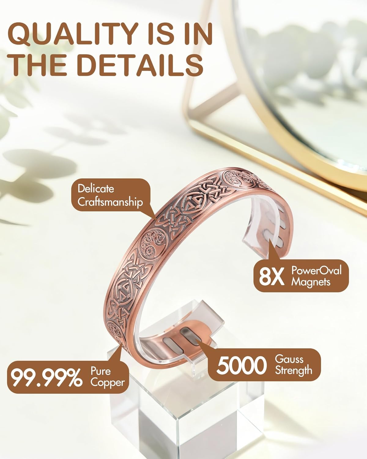 Feraco Copper Bracelet for Men, 5X Ultra Strength Magnetic Cuff Bangle with 5000 Gauss Neodymium Magnets, 99.99% Pure Copper Jewelry Gift, Adjustable