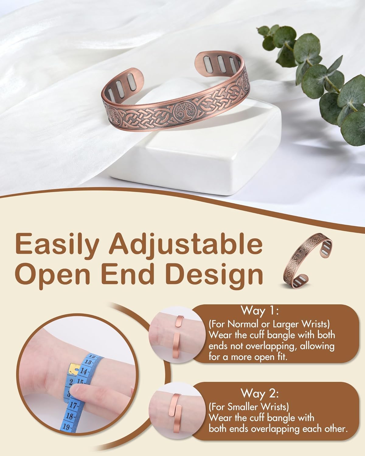 Feraco Copper Bracelet for Men, 5X Ultra Strength Magnetic Cuff Bangle with 5000 Gauss Neodymium Magnets, 99.99% Pure Copper Jewelry Gift, Adjustable