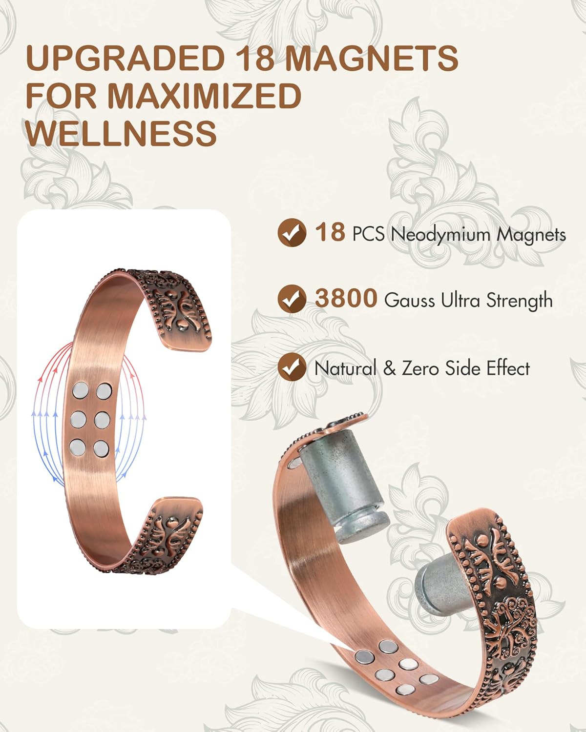 Feraco Pure Copper Bracelet for Men, 18X Ultra Strength Magnetic Bracelets for Men with 3800 Gauss Neodymium Magnets, Adjustable (Tree of Life)