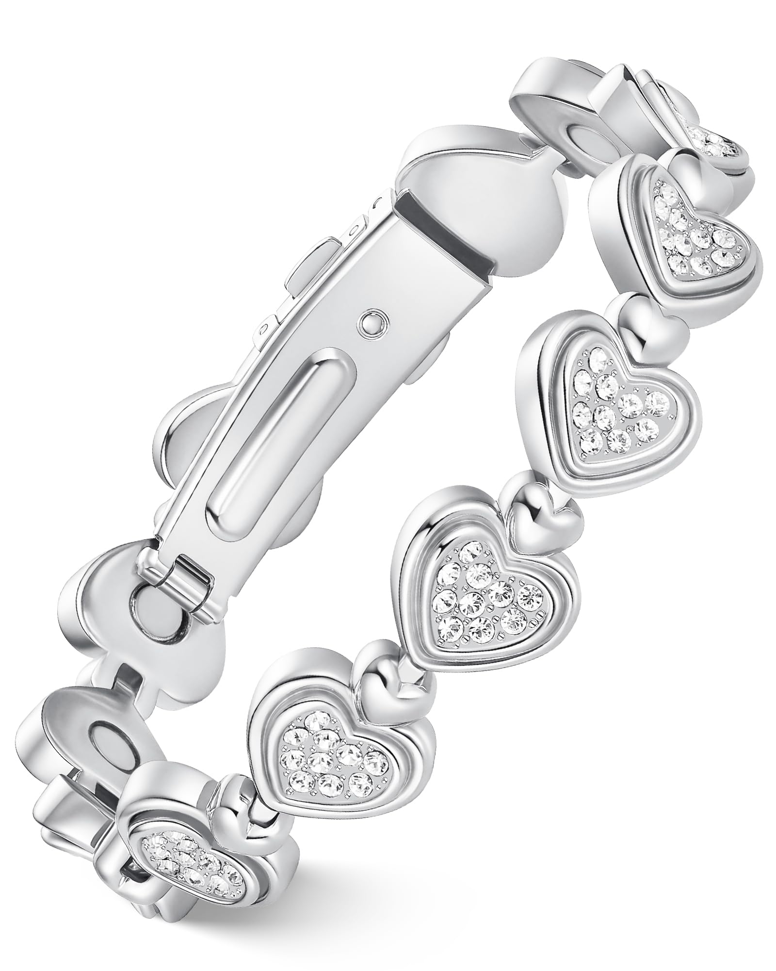 Feraco Pure Copper Bracelets for Women, Ultra Strength Magnetic Bracelet for Women with 3800 Gauss Magnet & Dazzling Austrian Crystals Stone, Heart-Shaped (Silver, 7.09 inches (18cm))