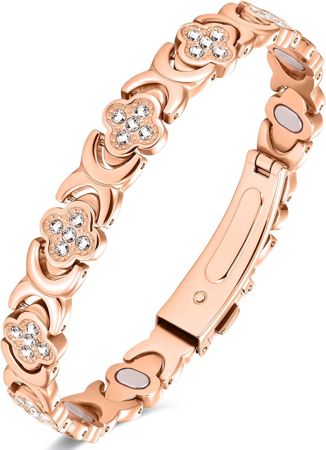 Feraco 5X Strength Magnetic Copper Bracelet with 5000 Gauss Neodymium Magnets, Rose Gold Clover