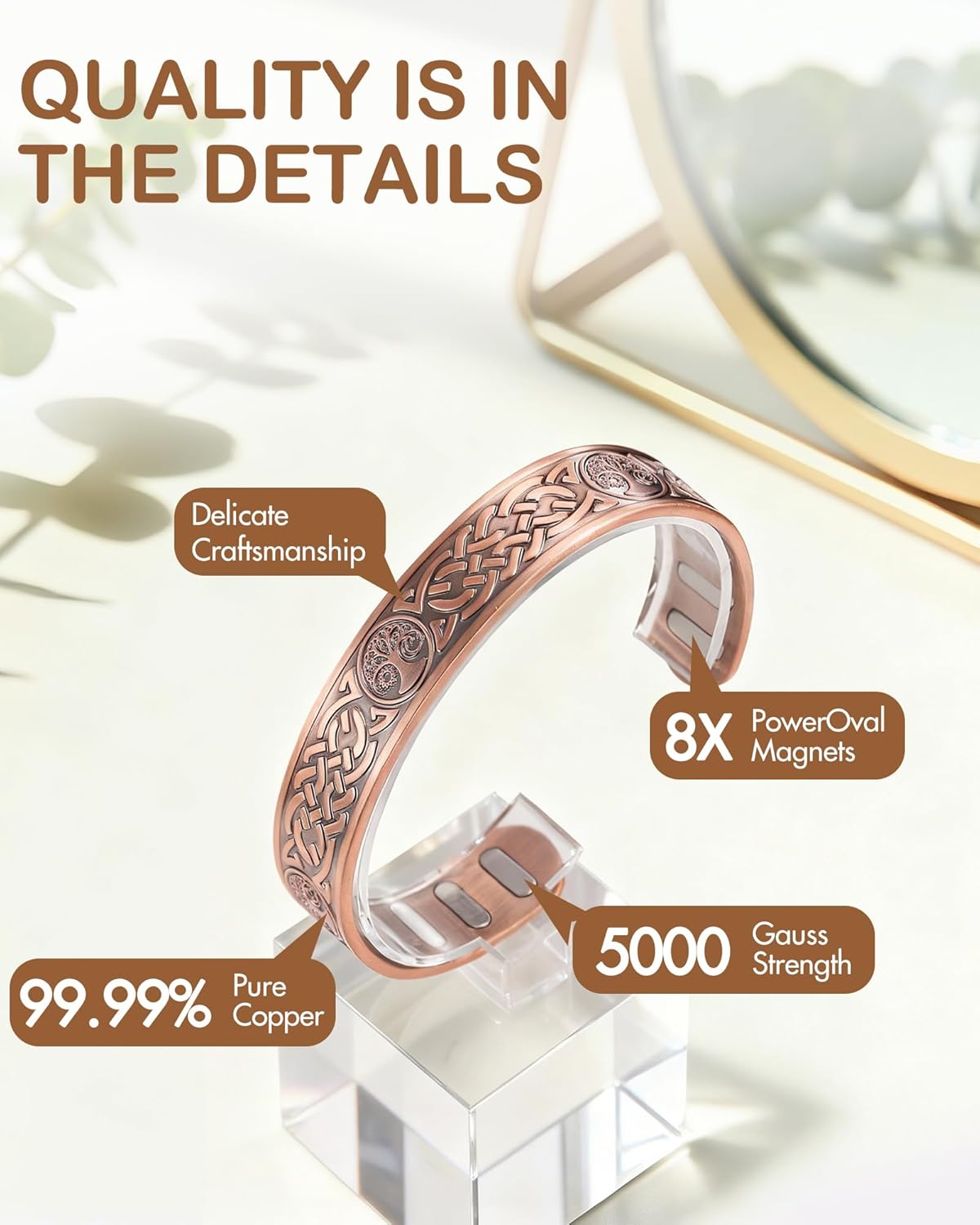 Feraco Copper Bracelet for Men, 5X Ultra Strength Magnetic Cuff Bangle with 5000 Gauss Neodymium Magnets, 99.99% Pure Copper Jewelry Gift, Adjustable