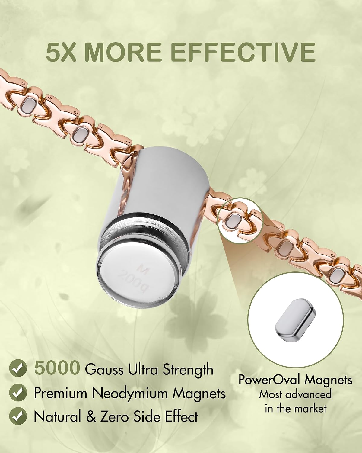 Feraco 5X Strength Magnetic Copper Bracelet with 5000 Gauss Neodymium Magnets, Rose Gold Clover