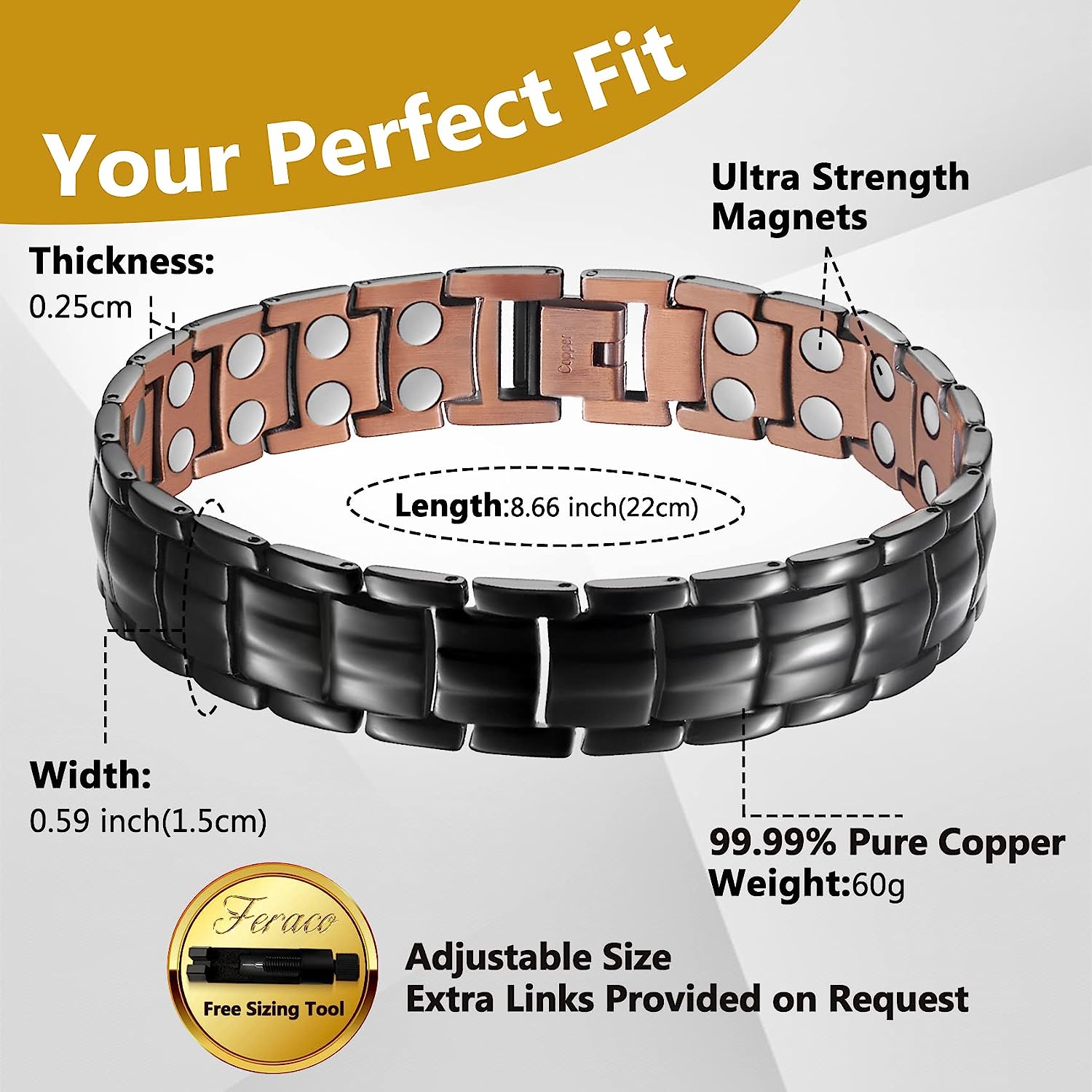 Black Men's Copper Bracelets with Double-Row Strong Magnets