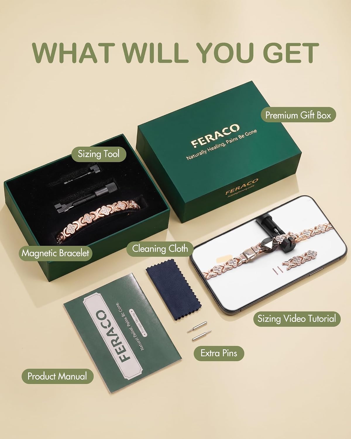 Feraco 5X Strength Magnetic Copper Bracelet with 5000 Gauss Neodymium Magnets, Rose Gold Clover