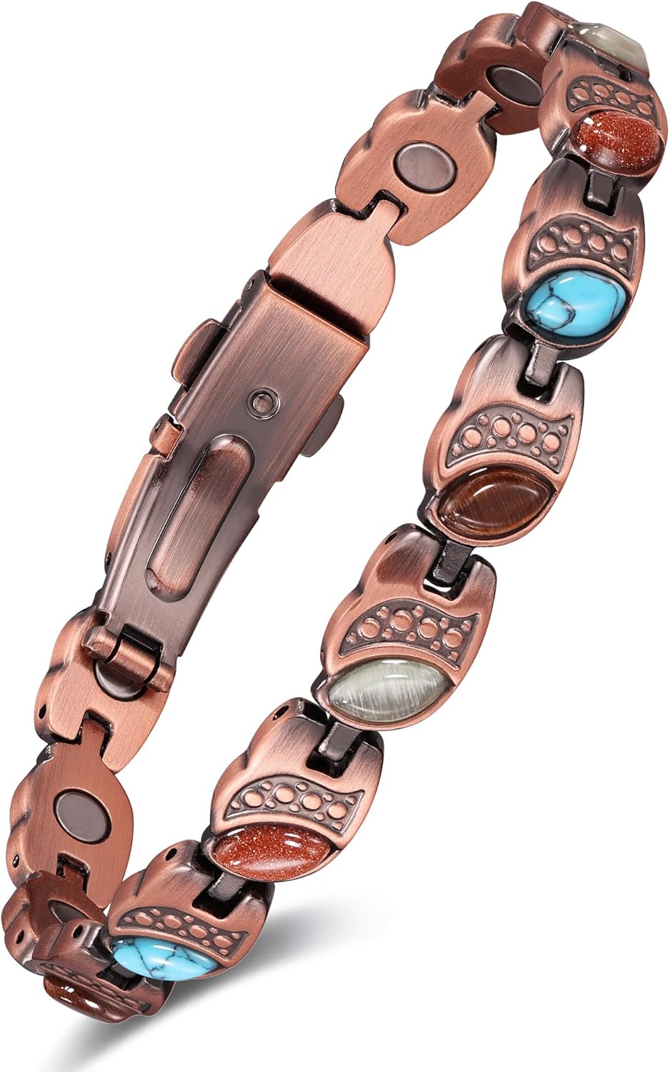 Feraco Pure Copper Bracelets for Women, Ultra Strength Magnetic Bracelet with 3800 Gauss Magnets & Natural Turquoise & Stones, Adjustable, Jewelry Gift