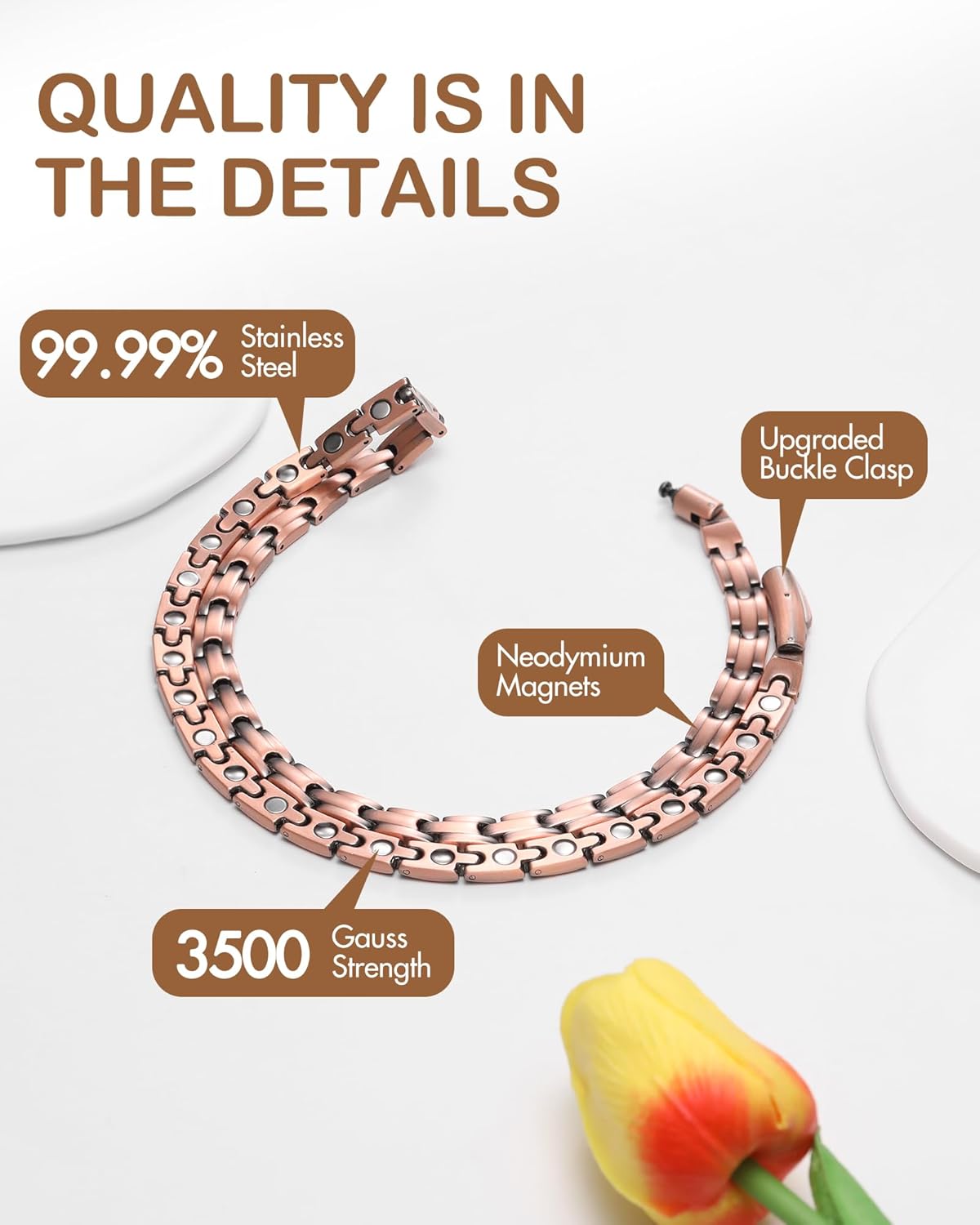 Feraco Copper Necklace for Men Women, 99.99% Pure Copper Magnetic Chains with 3500 Gauss Ultra Strength Neodymium Magnets, Adjustable Jewelry Gift with Sizing Tool