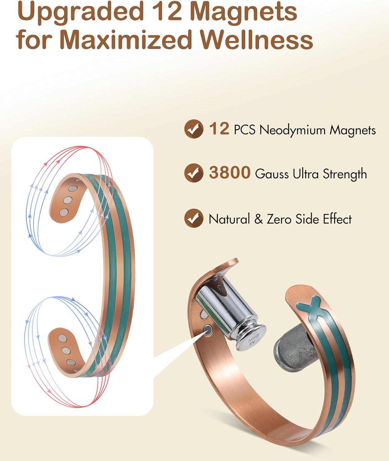 Feraco Copper Bracelet for Men Women, 12X Enhanced Strength Magnetic Bracelet with 3800 Gauss Neodymium Magnets, Pure Copper Cuff Bangle, Adjustable Jewelry Gift (Blue Crossflow)