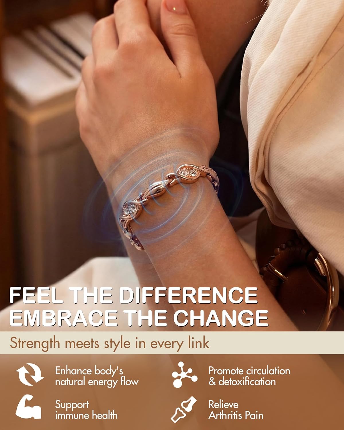 Feraco Pure Copper Bracelets for Women, Ultra Strength Magnetic Bracelet for Women with 3800 Gauss Magnet & Dazzling Austrian Crystals Stone, Copper Jewelry Gift