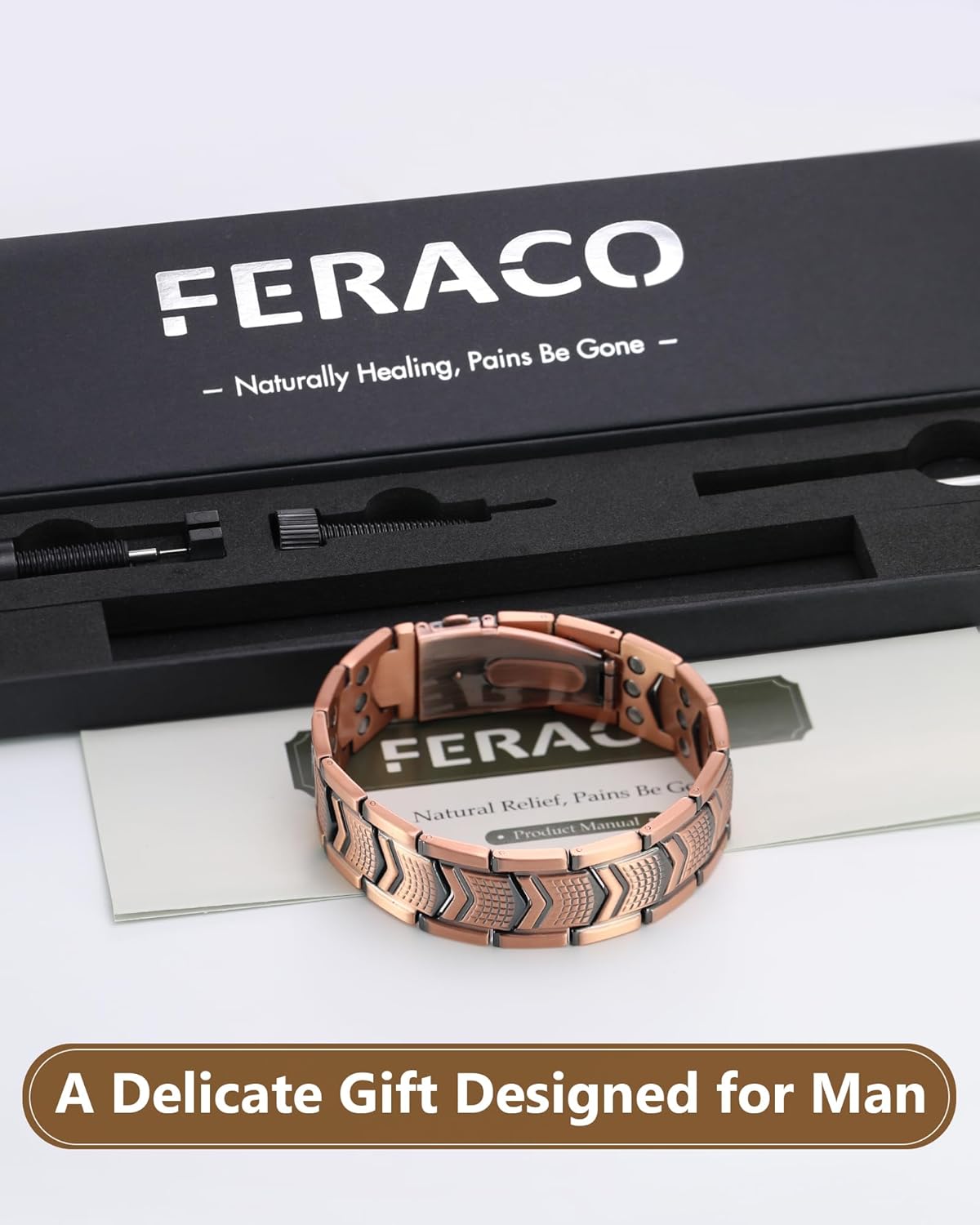 Feraco Copper Bracelet for Men 3X Strength,Magnetic Therapy Bracelet Copper Jewelry with Powerful 3800 Gauss Magnets,Premium Fold-Over Clasp(Upgrade)