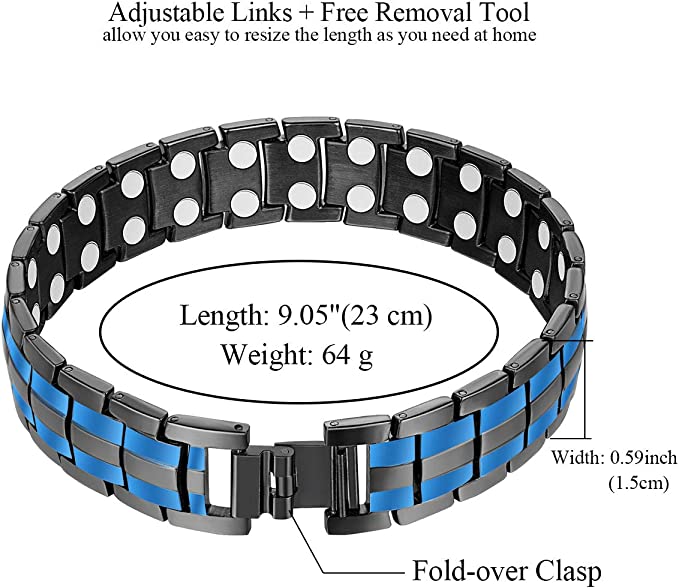 Black & 2 Blue Line Double Row Magnets Titanium Steel Magnetic Bracelet