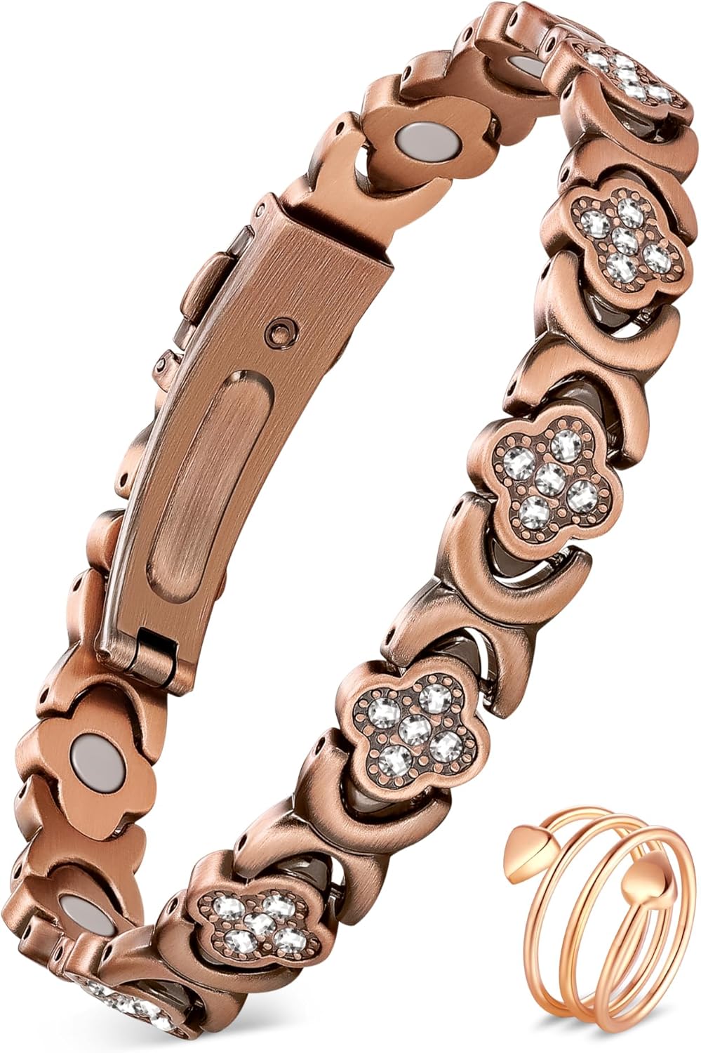 Feraco Pure Copper Bracelets for Women, Ultra Strength Magnetic Therapy Bracelet for Pain Relief with 3800 Gauss Magnets & Sparkling Cubic Zirconia, Adjustable, Infinite Clover Jewelry