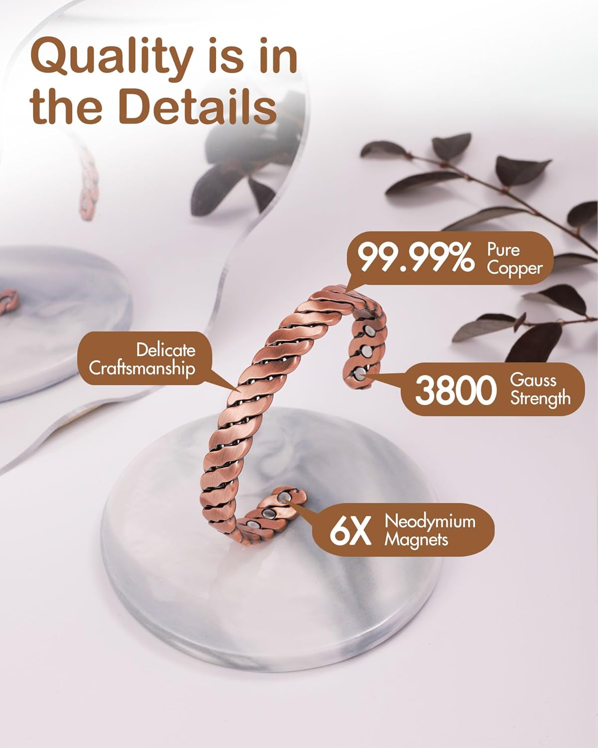 Feraco Pure Copper Bracelet for Men Women, Enhanced Strength Magnetic Bracelet with 3800 Gauss Neodymium Magnets, Solid Copper Cuff Bangle, Adjustable Jewelry Gift (TwistFlow)