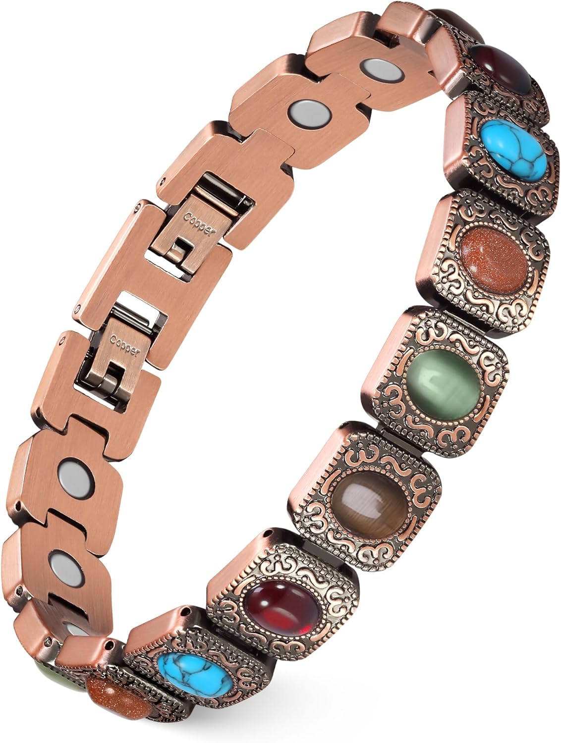 Feraco Pure Copper Bracelets for Women, Ultra Strength Magnetic Bracelet with 3800 Gauss Magnets & Natural Turquoise & Stones, Adjustable, Jewelry Gift