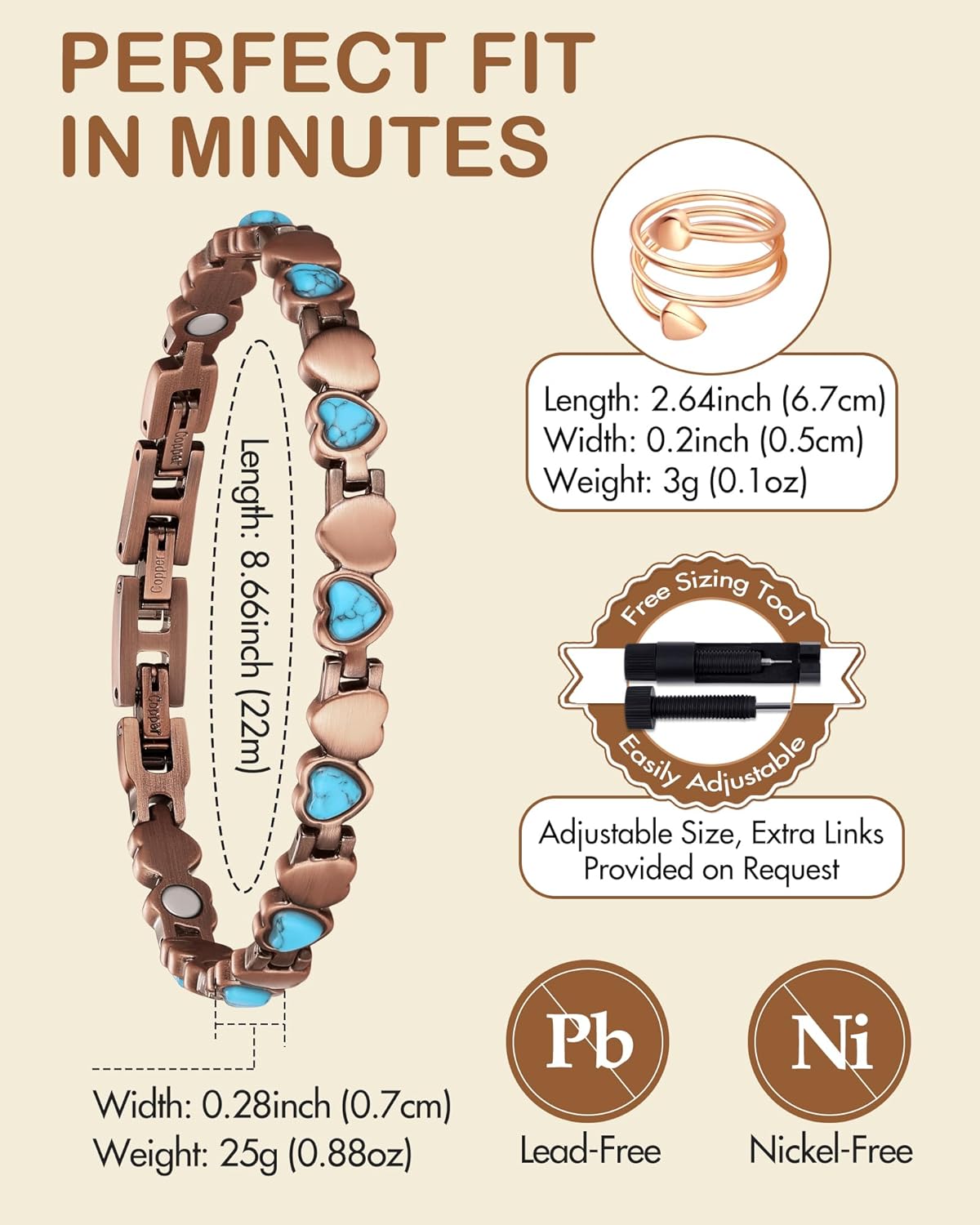 Feraco Pure Copper Bracelets & Rings for Women, Ultra Strength Magnetic Bracelet with 3800 Gauss Magnets & Natural Turquoise & Stones, Adjustable, Jewelry Gift