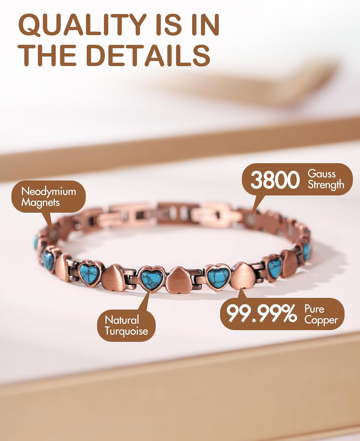Feraco Pure Copper Bracelets for Women, Ultra Strength Magnetic Bracelet with 3800 Gauss Magnets & Natural Turquoise & Stones, Adjustable, Jewelry Gift
