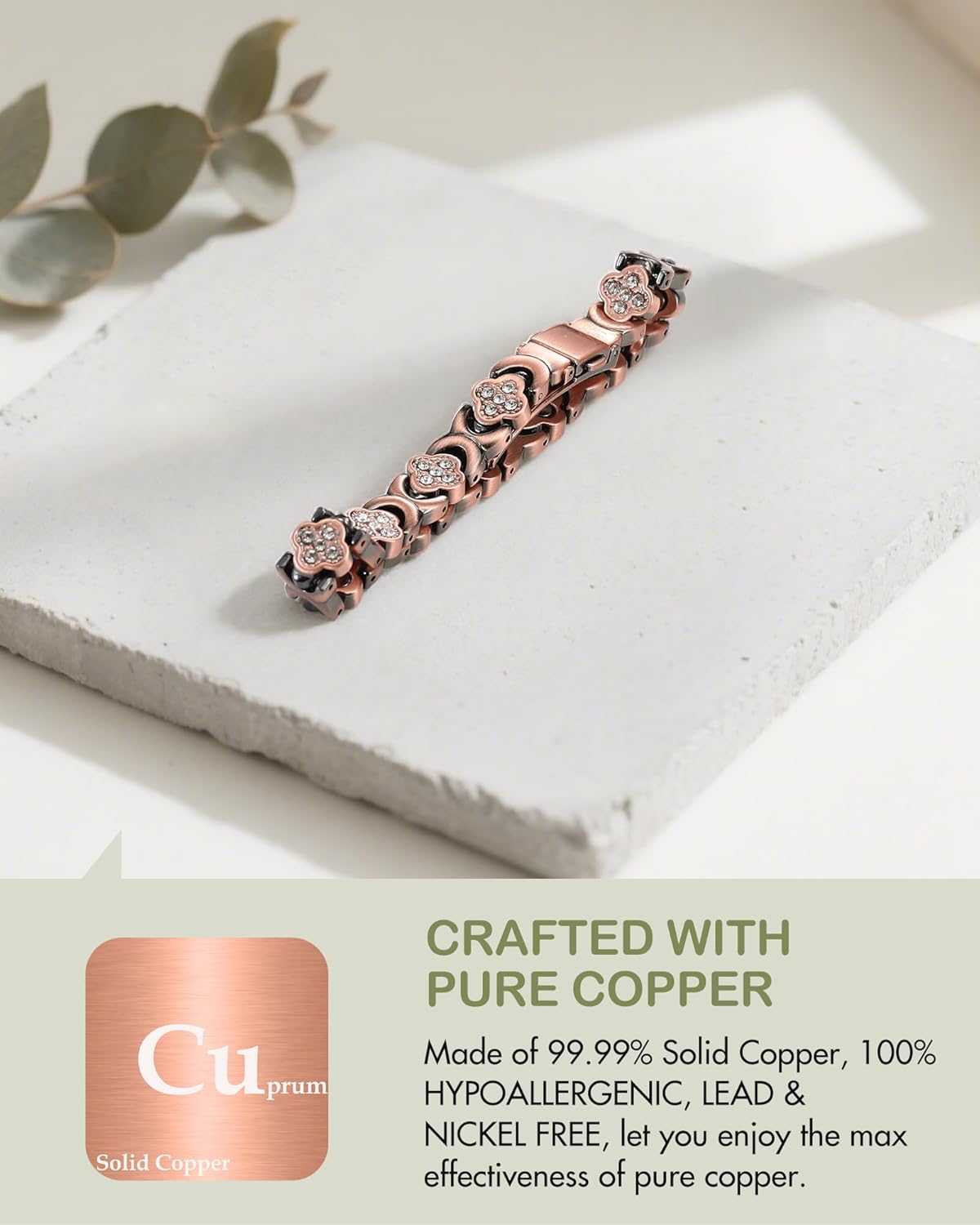 Feraco Pure Copper Bracelets for Women, 5X Ultra Strength Magnetic Bracelet with 5000 Gauss Magnets & Sparkling Cubic Zirconia, Premium Folding Clasp, Infinite Clover Jewelry Gift