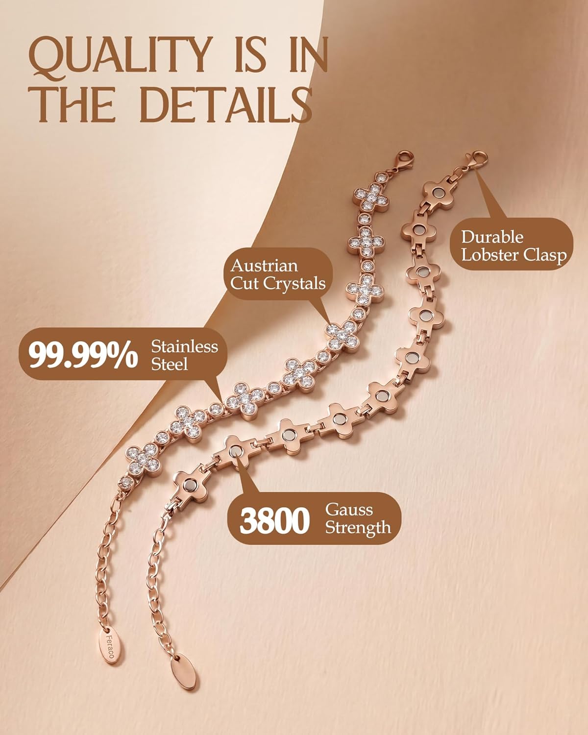 Feraco Pure Copper Bracelets for Women, Ultra Strength Magnetic Bracelet for Women with 3800 Gauss Magnet & Dazzling Austrian Crystals Stone, Flower Copper Jewelry Gift