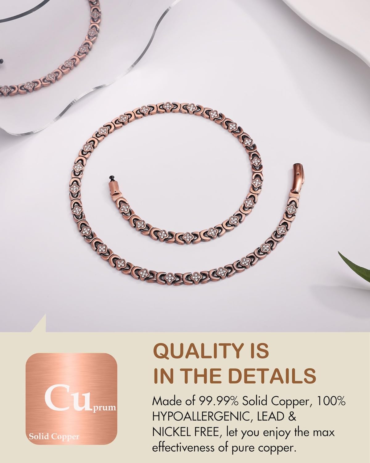 Feraco Copper Necklace for Women, 99.99% Pure Copper Magnetic Chains with 3500 Gauss Ultra Strength Neodymium Magnets & Sparkling Cubic Zirconia, Adjustable CloverJewelry Gift