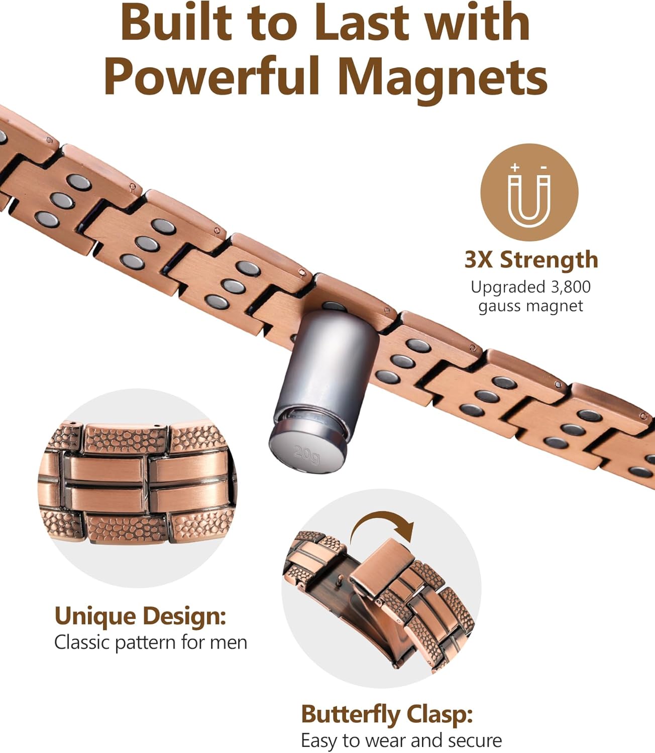 Feraco Copper Bracelet for Men 3X Strength,Magnetic Therapy Bracelet Copper Jewelry with Powerful 3800 Gauss Magnets,Premium Fold-Over Clasp