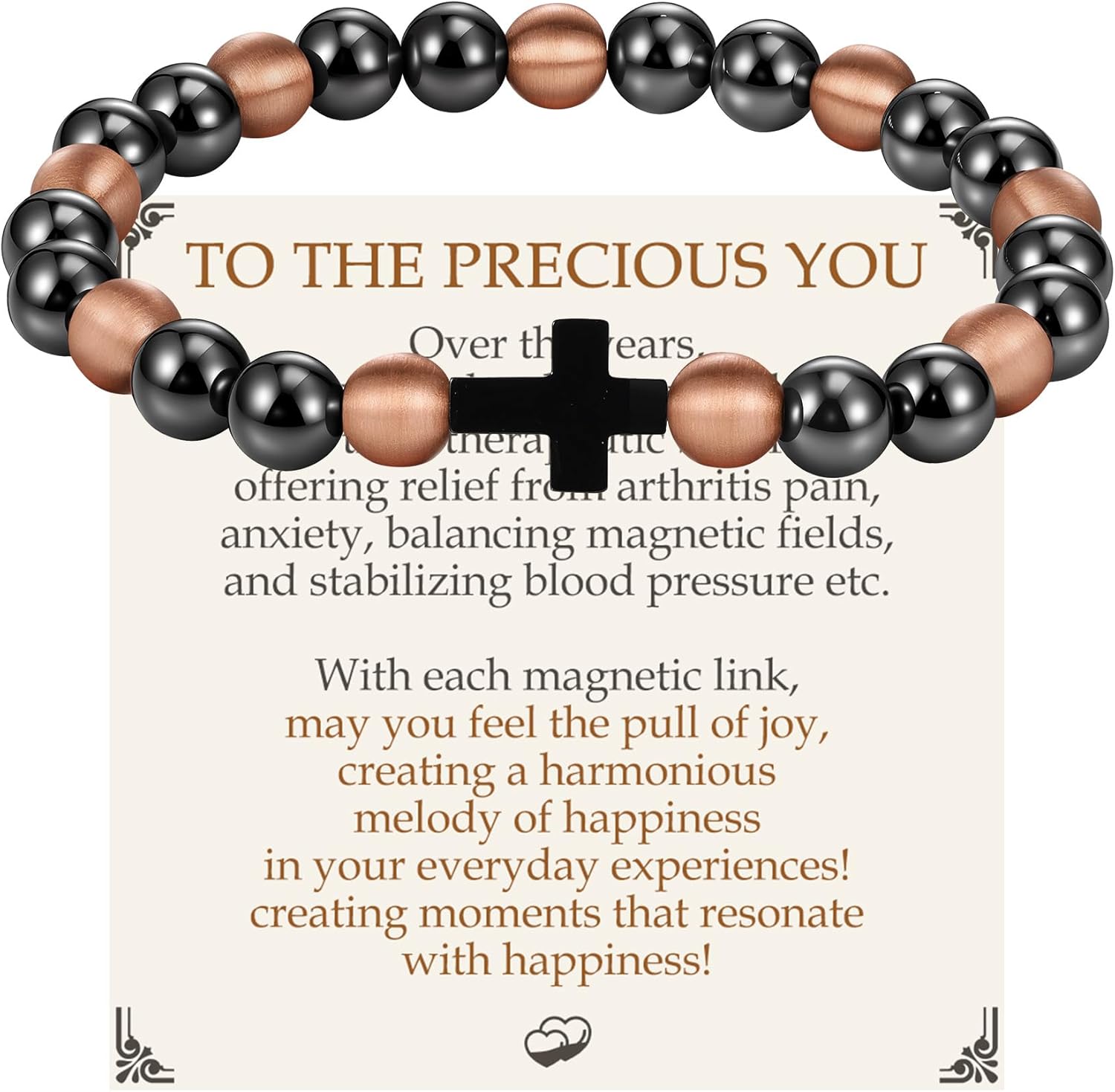 Feraco Pure Copper Magnetic Bead Bracelet for Men Women, 8mm 99.99% Solid Copper & 3500 Gauss Magnetic Hematite Beads, Unisex Stretch Wristband, Gift-Ready Jewelry