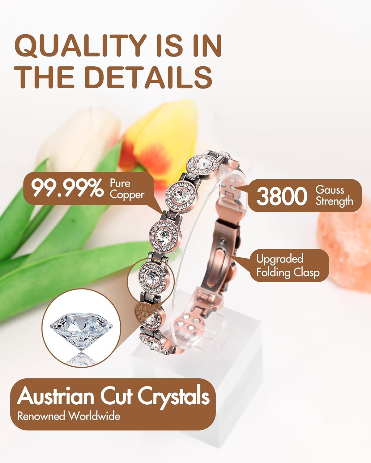 Feraco Pure Copper Bracelets for Women, 4X Ultra Strength Magnetic Bracelet with 3800 Gauss Neodymium Magnets & Dazzling Austrian Cut Crystals, Adjustable Jewelry Gift