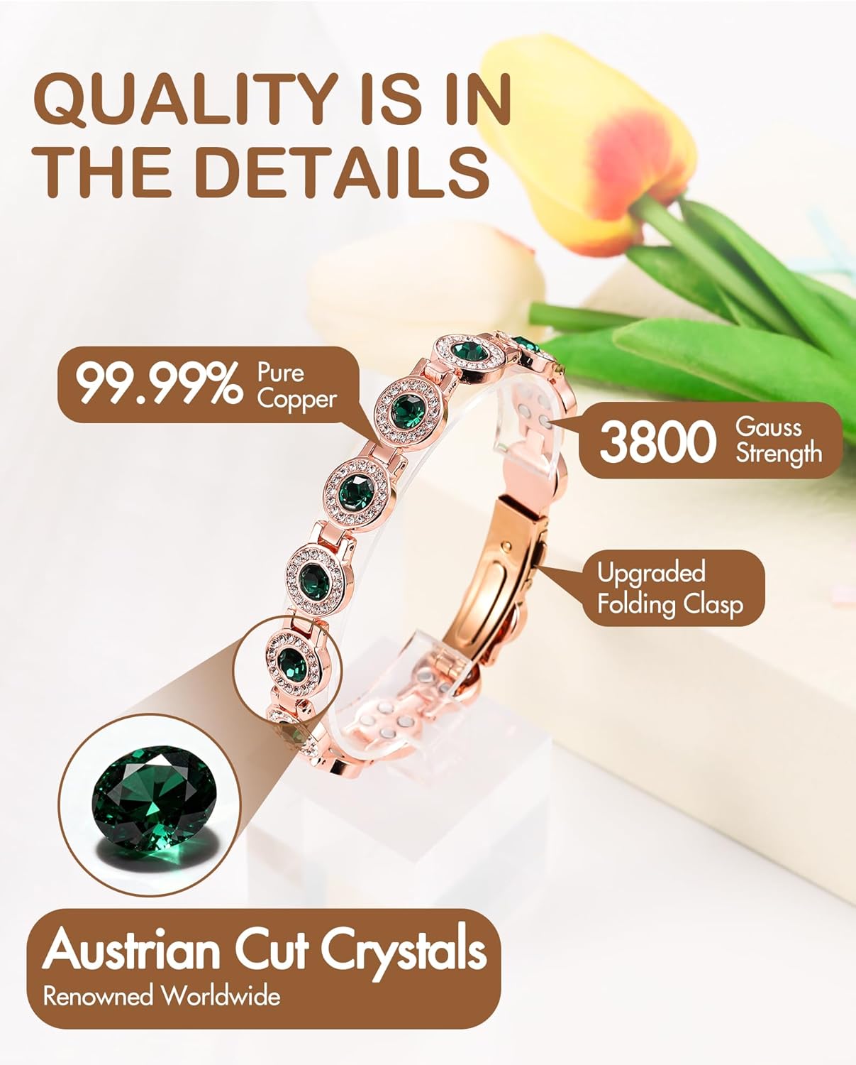 Feraco Pure Copper Bracelets for Women, 4X Ultra Strength Magnetic Bracelet with 3800 Gauss Neodymium Magnets & Dazzling Austrian Cut Crystals Stone, Adjustable Jewelry Gift