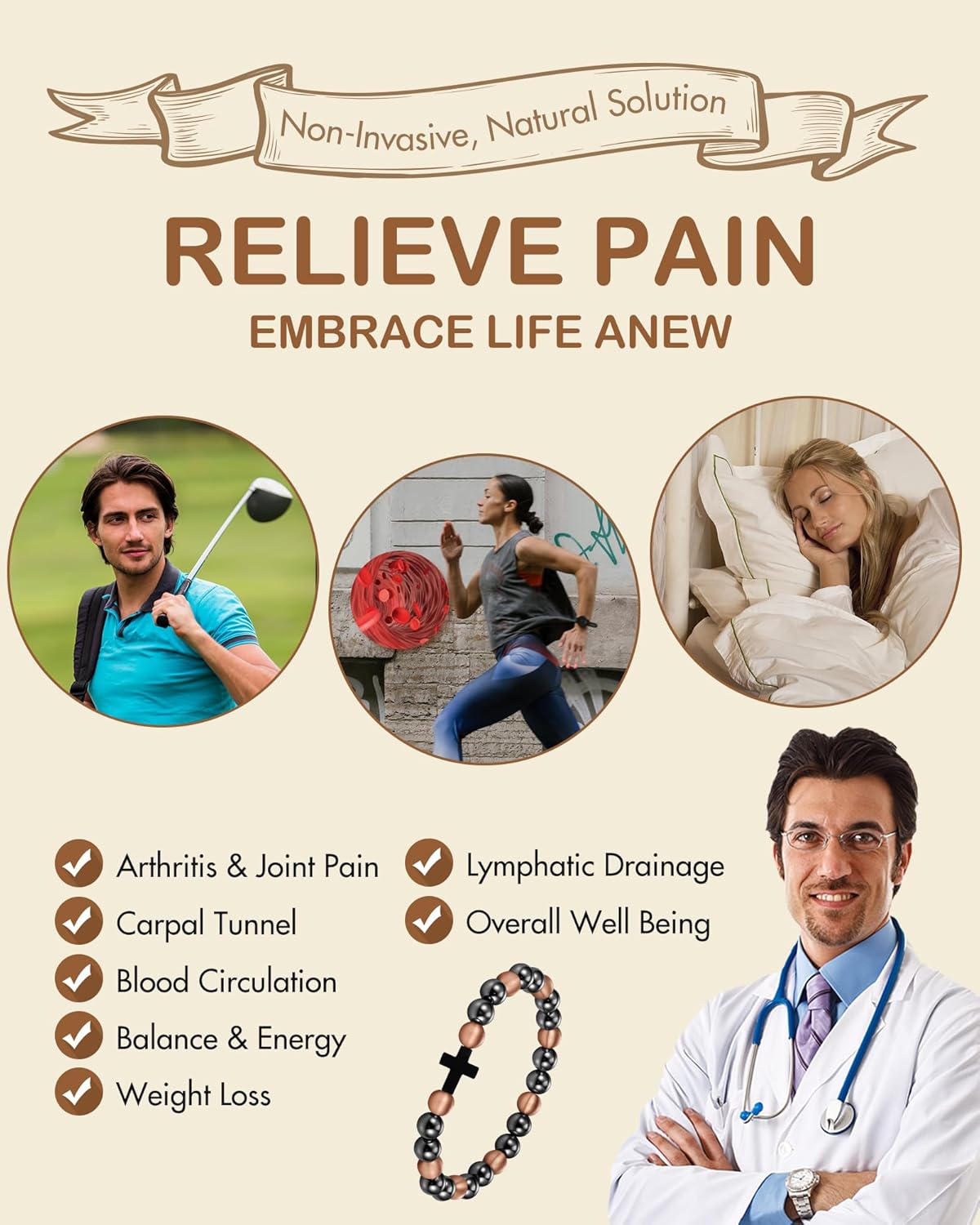 Feraco Pure Copper Magnetic Bead Bracelet for Men Women, 8mm 99.99% Solid Copper & 3500 Gauss Magnetic Hematite Beads, Unisex Stretch Wristband, Gift-Ready Jewelry