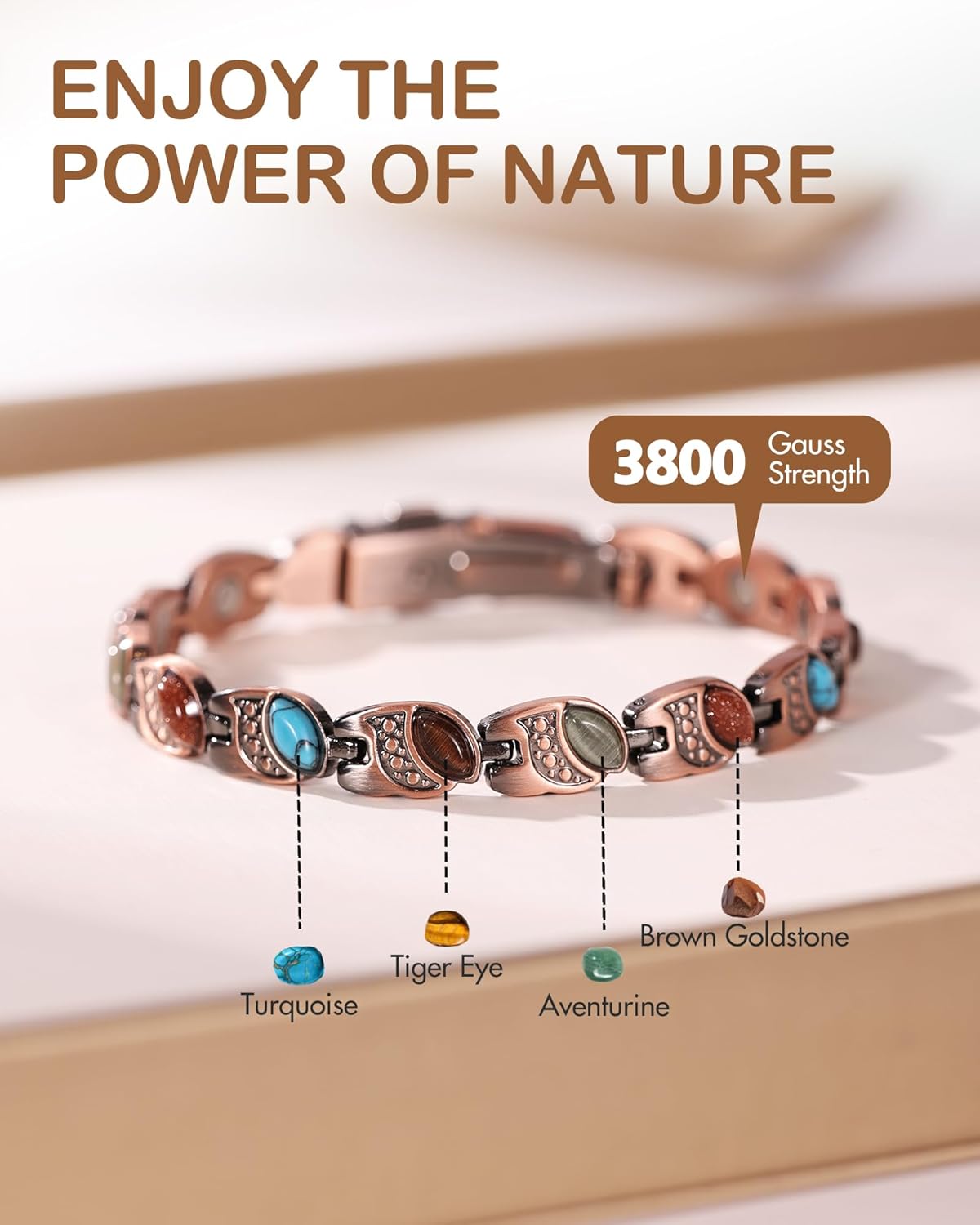 Feraco Pure Copper Bracelets for Women, Ultra Strength Magnetic Bracelet with 3800 Gauss Magnets & Natural Turquoise & Stones, Adjustable, Jewelry Gift