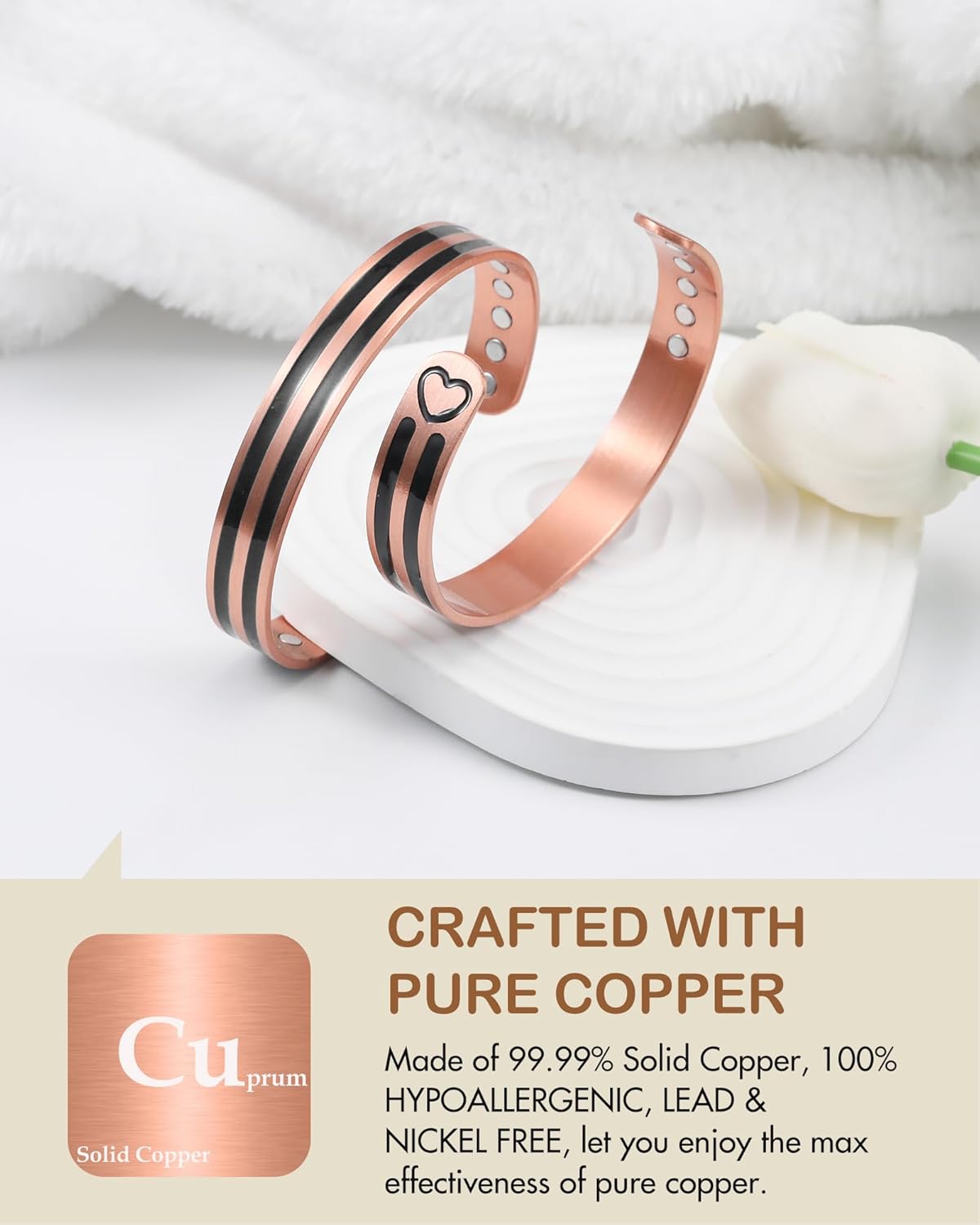 Feraco Copper Bracelet for Men Women, 12X Enhanced Strength Magnetic Bracelet with 3800 Gauss Neodymium Magnets, Pure Copper Cuff Bangle, Adjustable Jewelry Gift (Black Heartflow)
