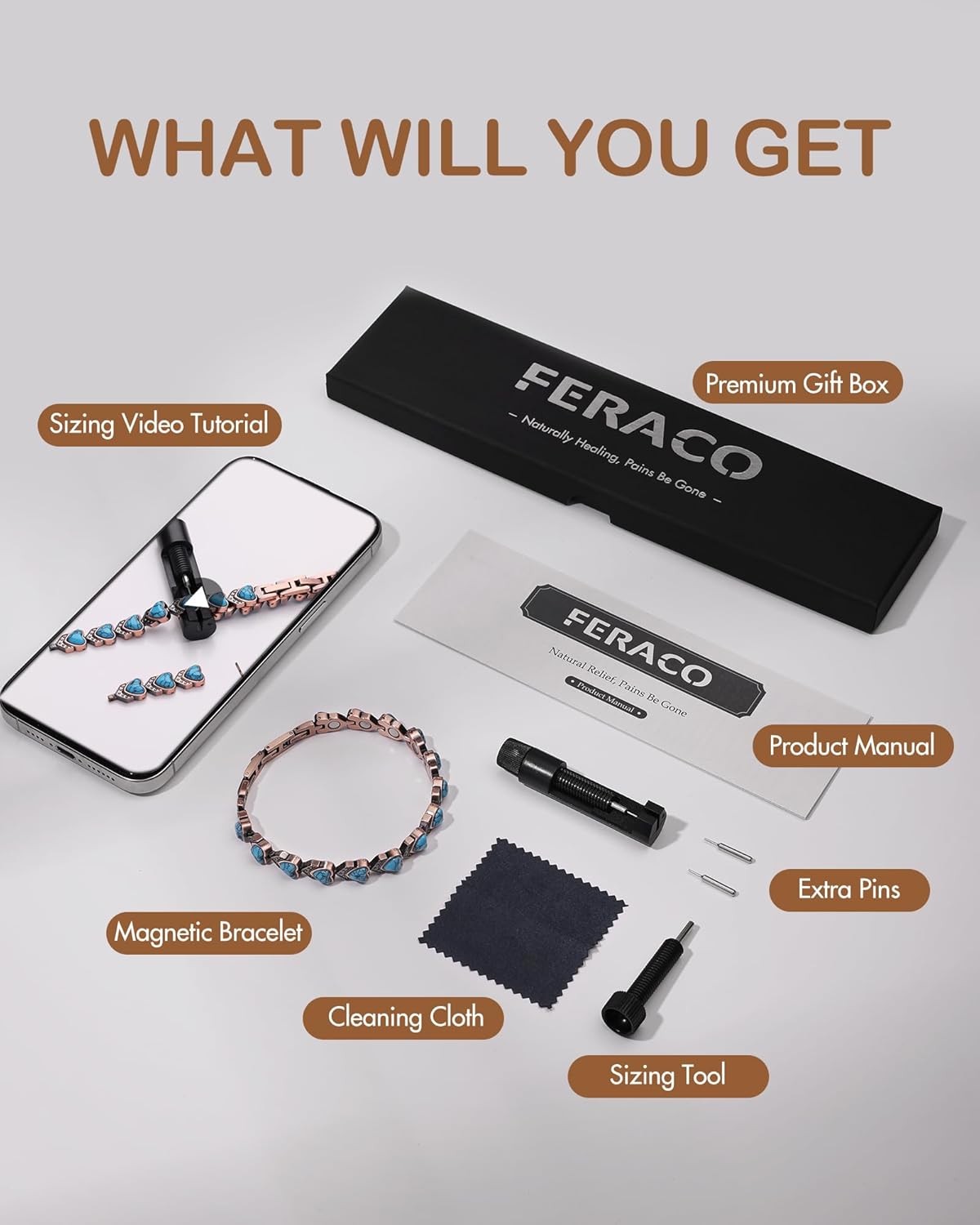 Feraco Pure Copper Bracelets for Women, Ultra Strength Magnetic Bracelet with 3800 Gauss Magnets & Natural Turquoise & Stones, Adjustable, Jewelry Gift