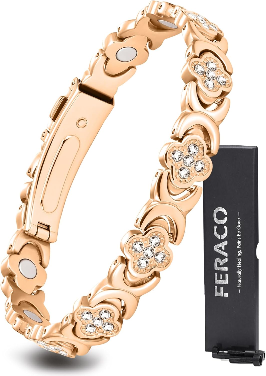 Feraco Pure Copper Bracelets for Women, Ultra Strength Magnetic Therapy Bracelet with 3800 Gauss Magnets & Sparkling Cubic Zirconia, Adjustable, Infinite Clover Jewelry